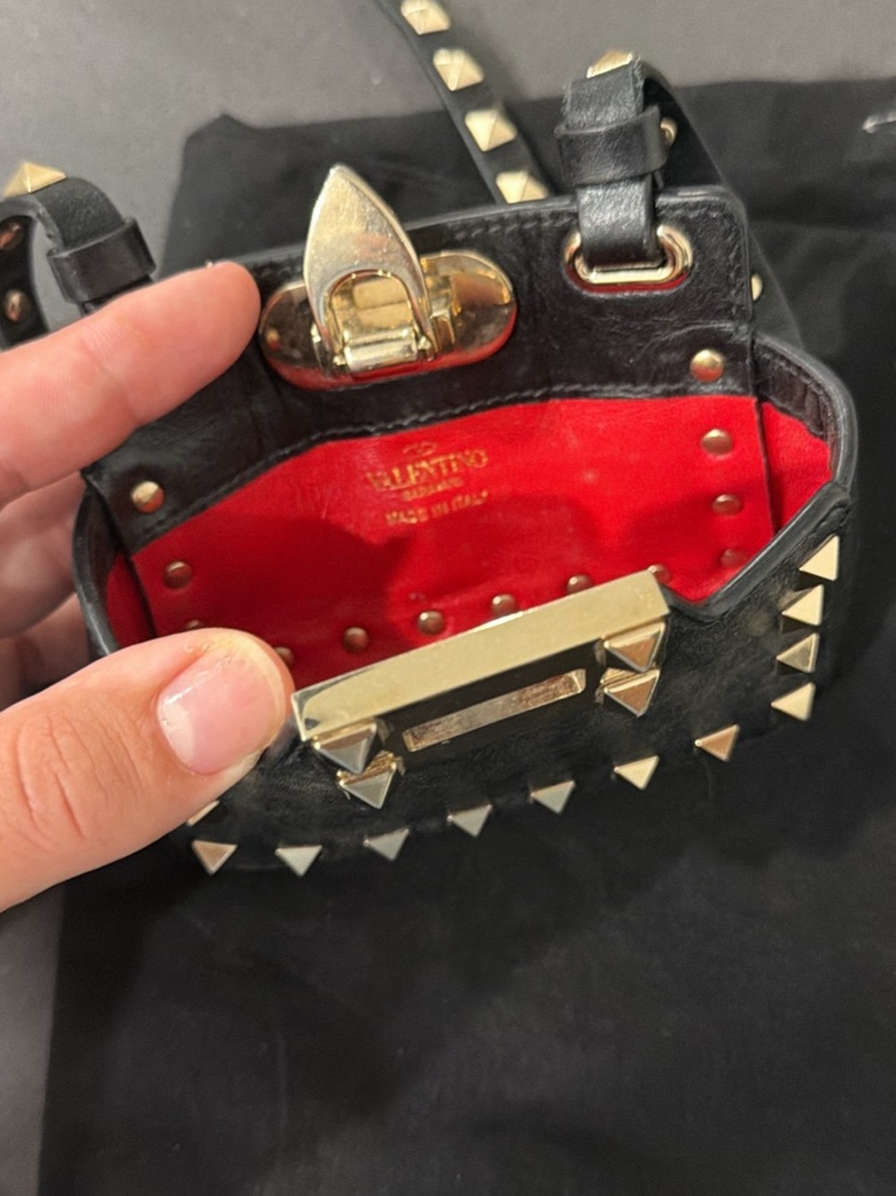 Valentino Garavani Black Mini Tote with Gold Rockstuds and Red Interior